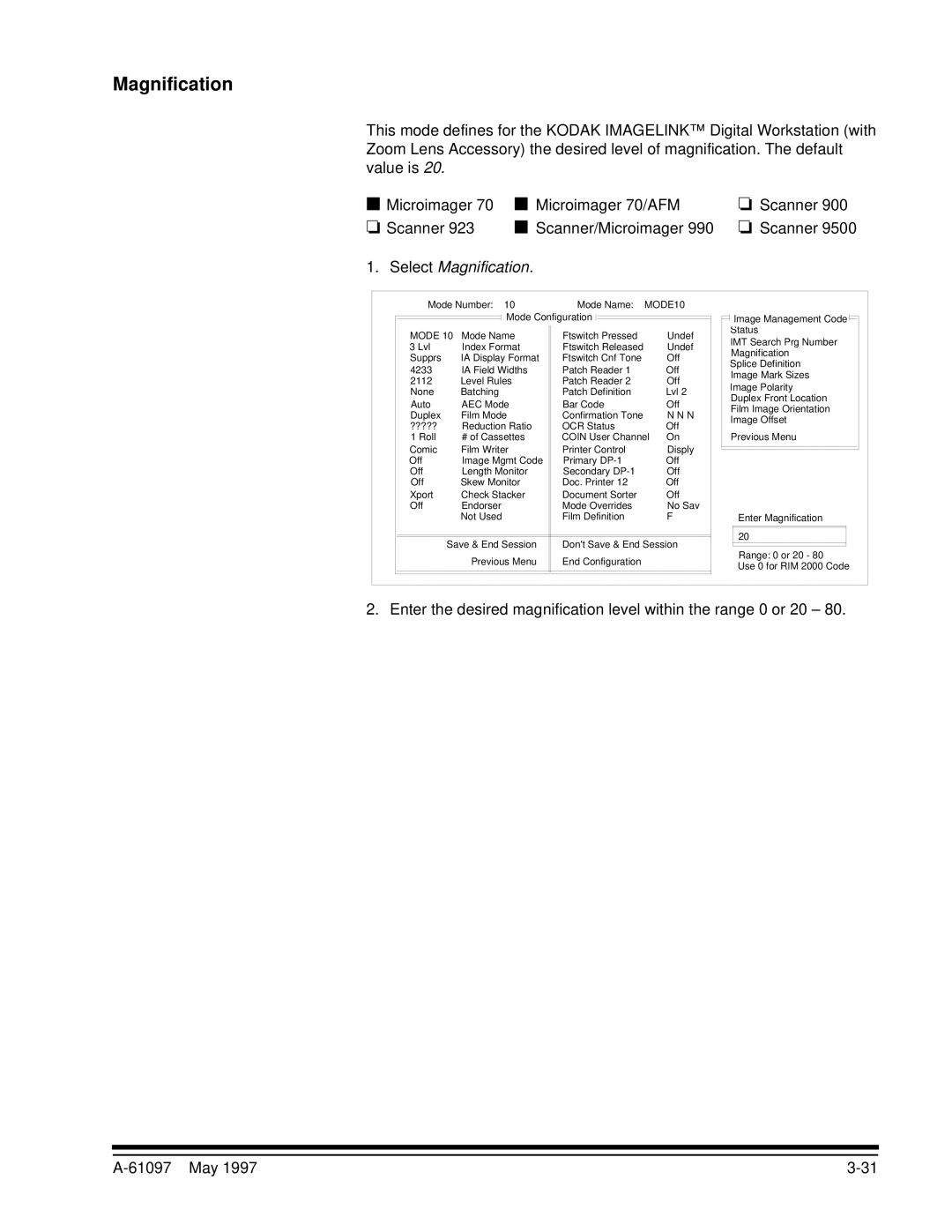 Kodak A-61097 manual Select Magnification 