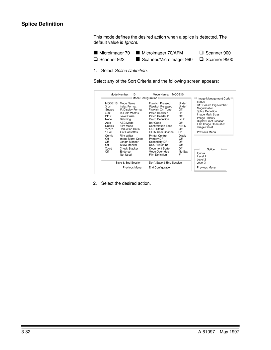 Kodak A-61097 manual Select Splice Definition, Select the desired action 61097 May 