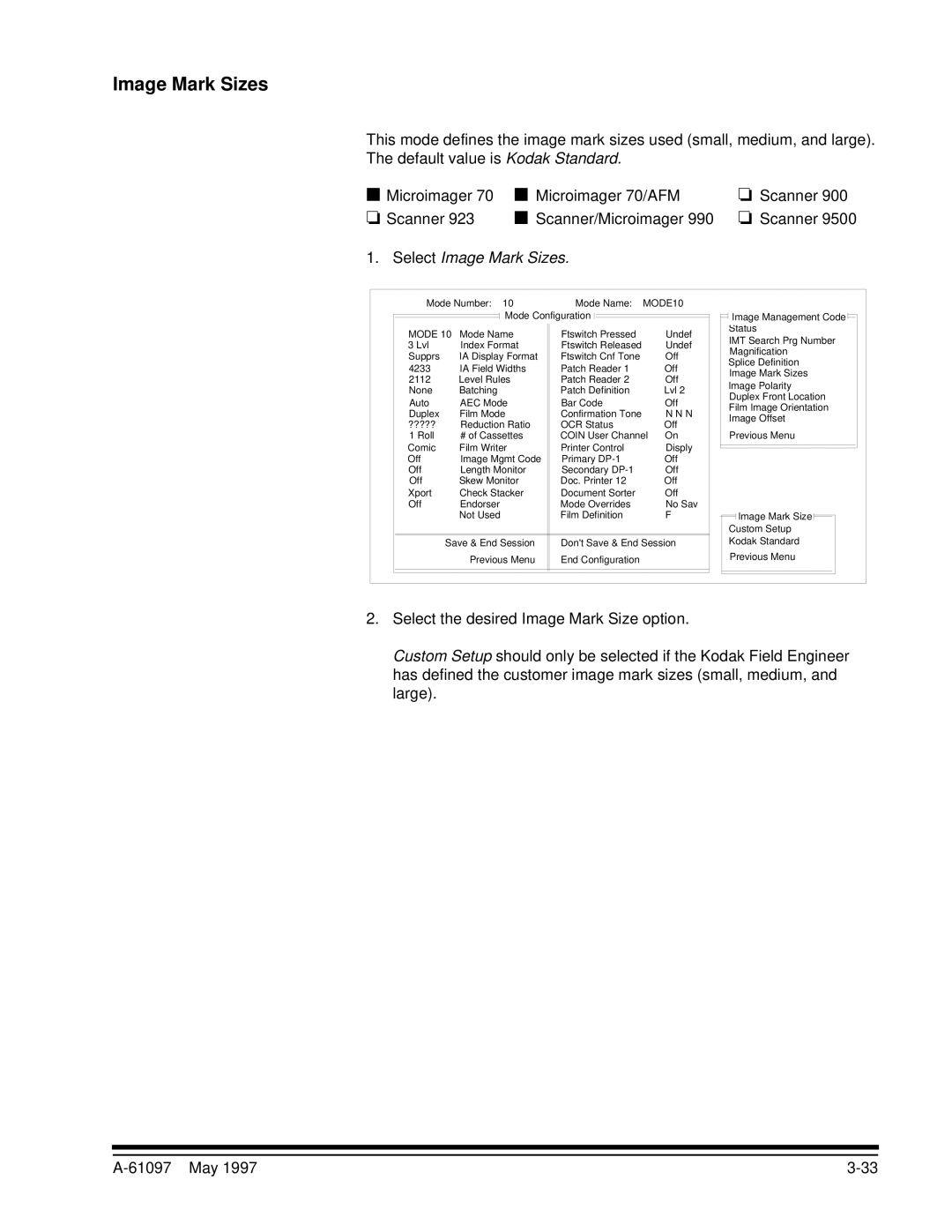 Kodak A-61097 manual Select Image Mark Sizes 