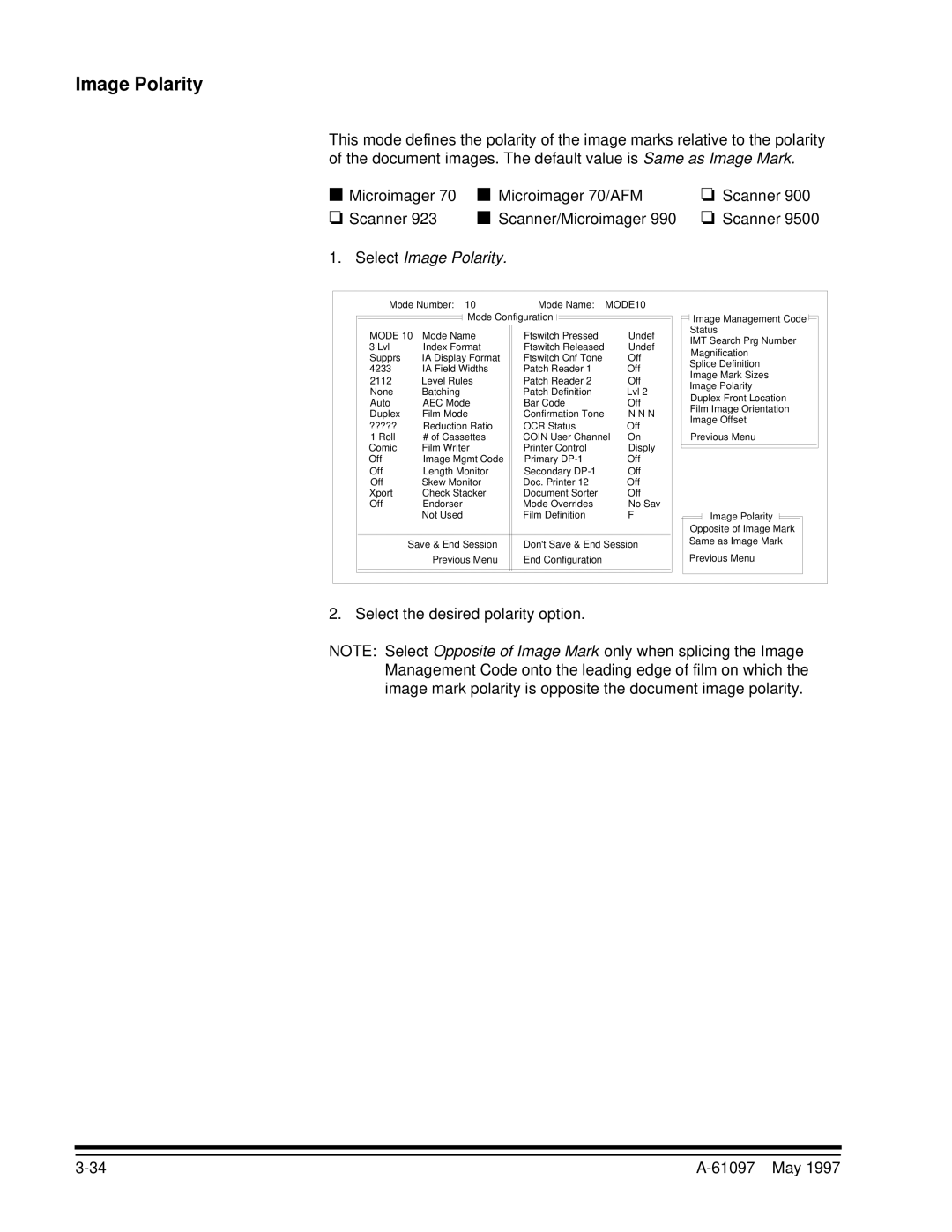 Kodak A-61097 manual Select Image Polarity, Select the desired polarity option 61097 May 