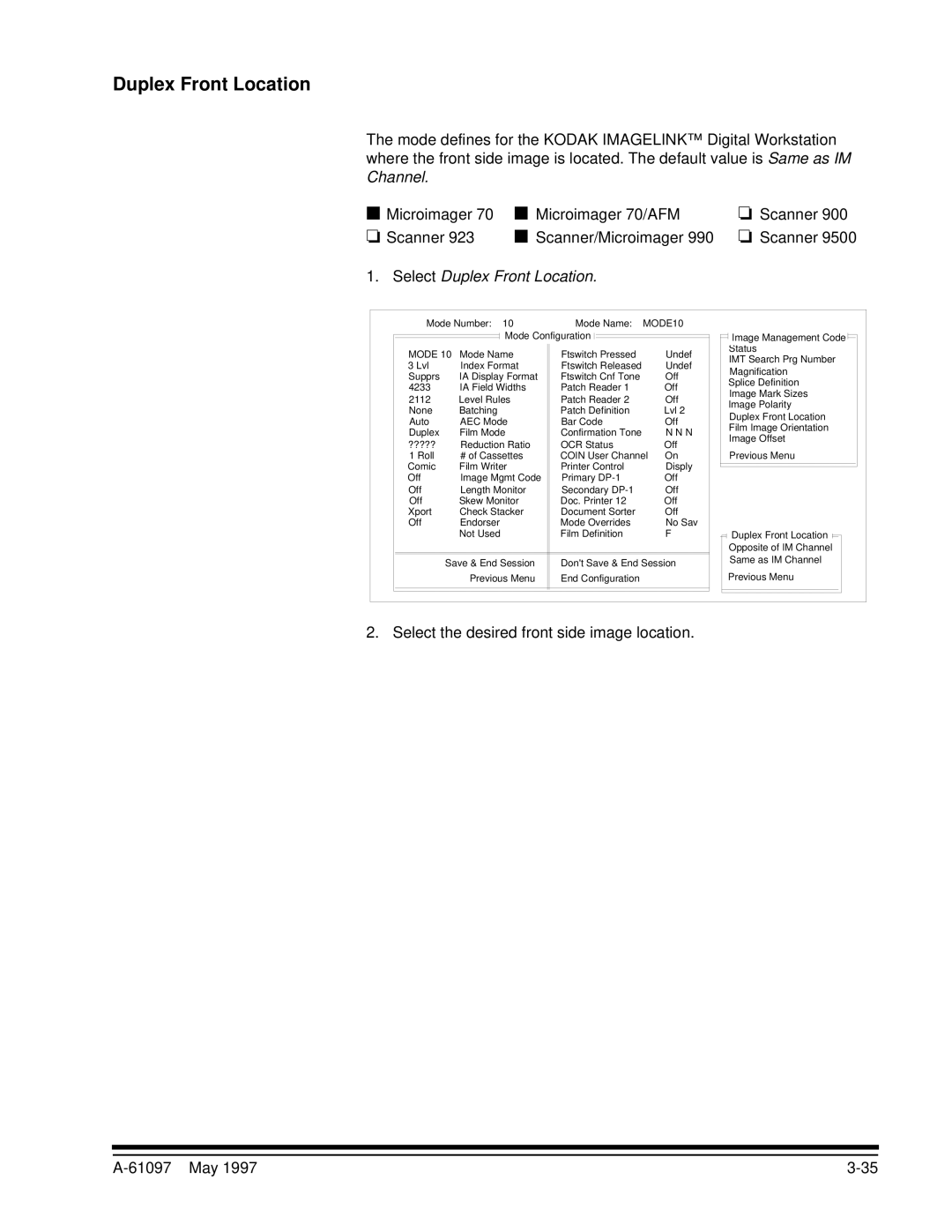 Kodak A-61097 manual Select Duplex Front Location, Select the desired front side image location 61097 May 
