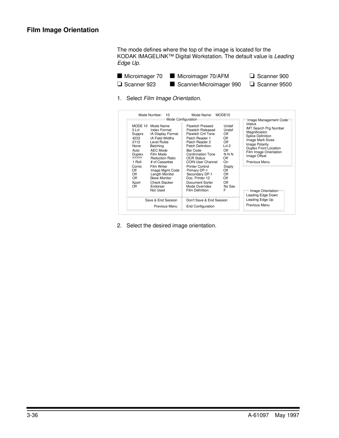 Kodak A-61097 manual Edge Up, Select Film Image Orientation, Select the desired image orientation 61097 May 