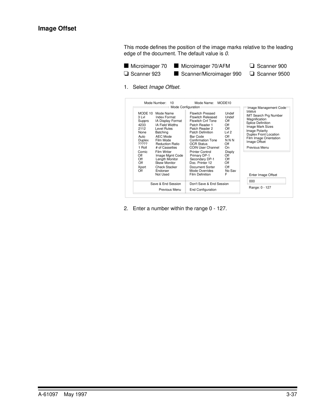 Kodak A-61097 manual Select Image Offset, Enter a number within the range 0 61097 May 