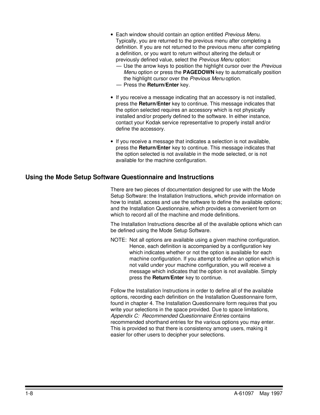 Kodak A-61097 manual Using the Mode Setup Software Questionnaire and Instructions 