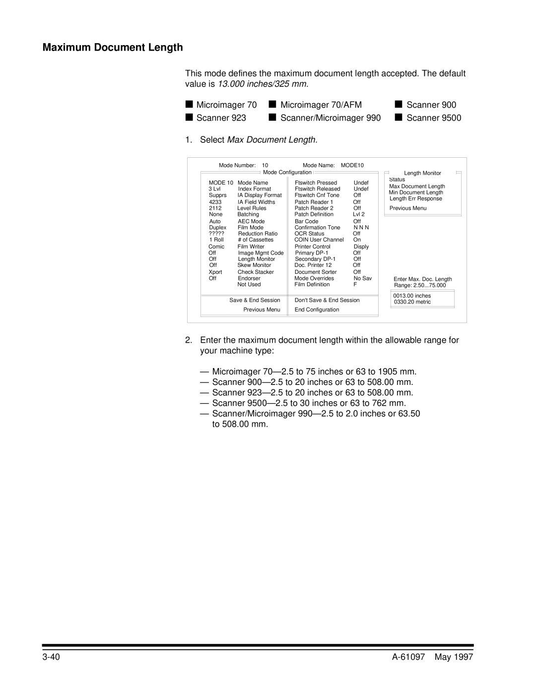 Kodak A-61097 manual Maximum Document Length, Select Max Document Length 