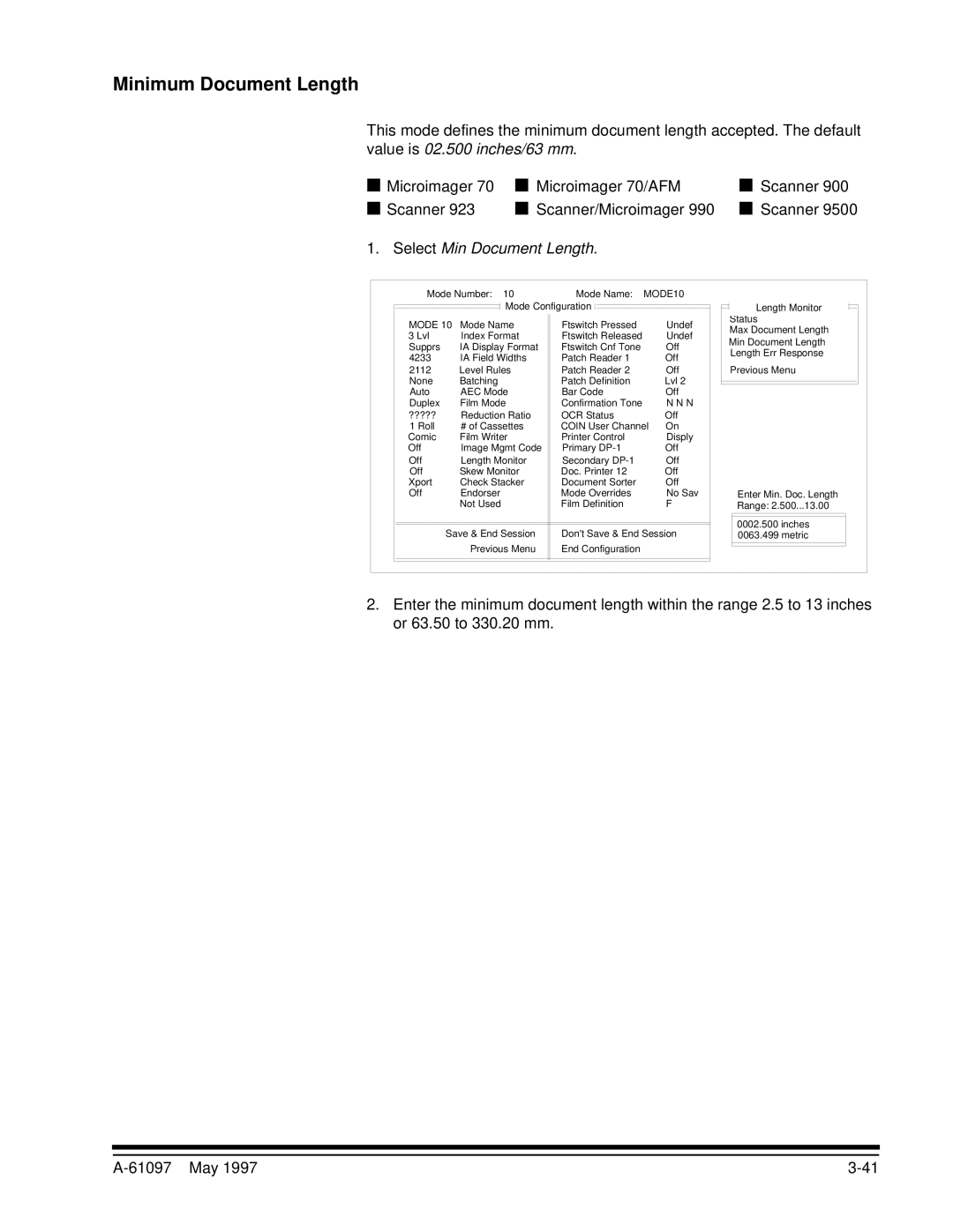 Kodak A-61097 manual Minimum Document Length, Select Min Document Length 