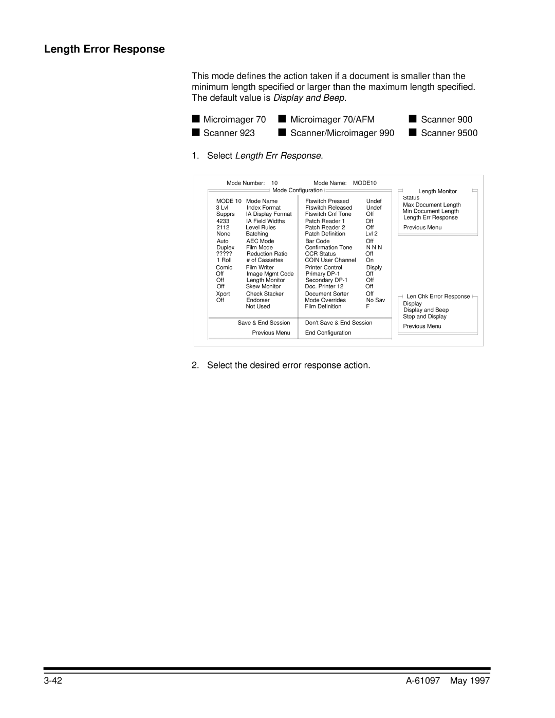 Kodak A-61097 manual Length Error Response, Select Length Err Response, Select the desired error response action 61097 May 