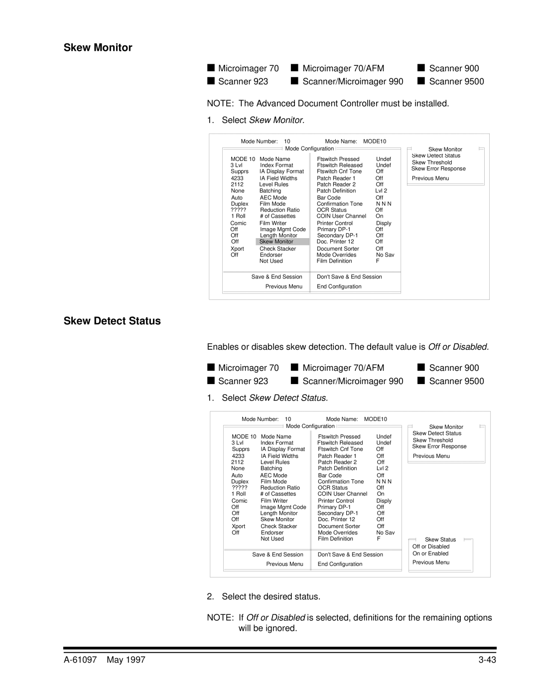 Kodak A-61097 manual Select Skew Monitor, Select Skew Detect Status 