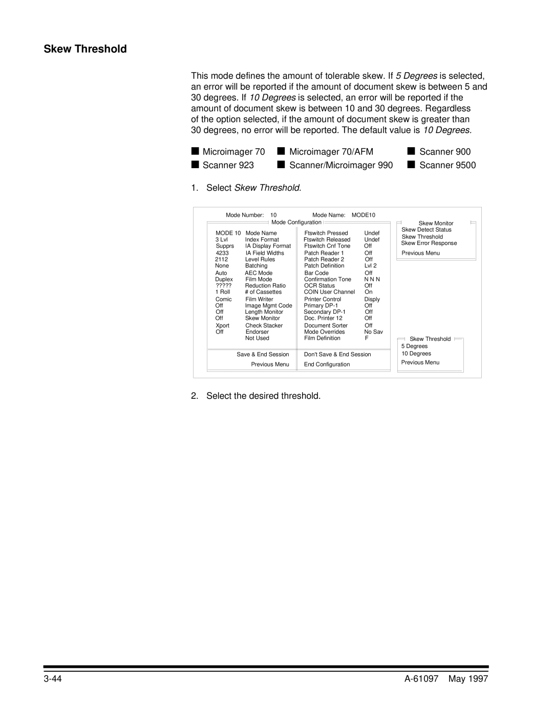 Kodak A-61097 manual Select Skew Threshold, Select the desired threshold 61097 May 