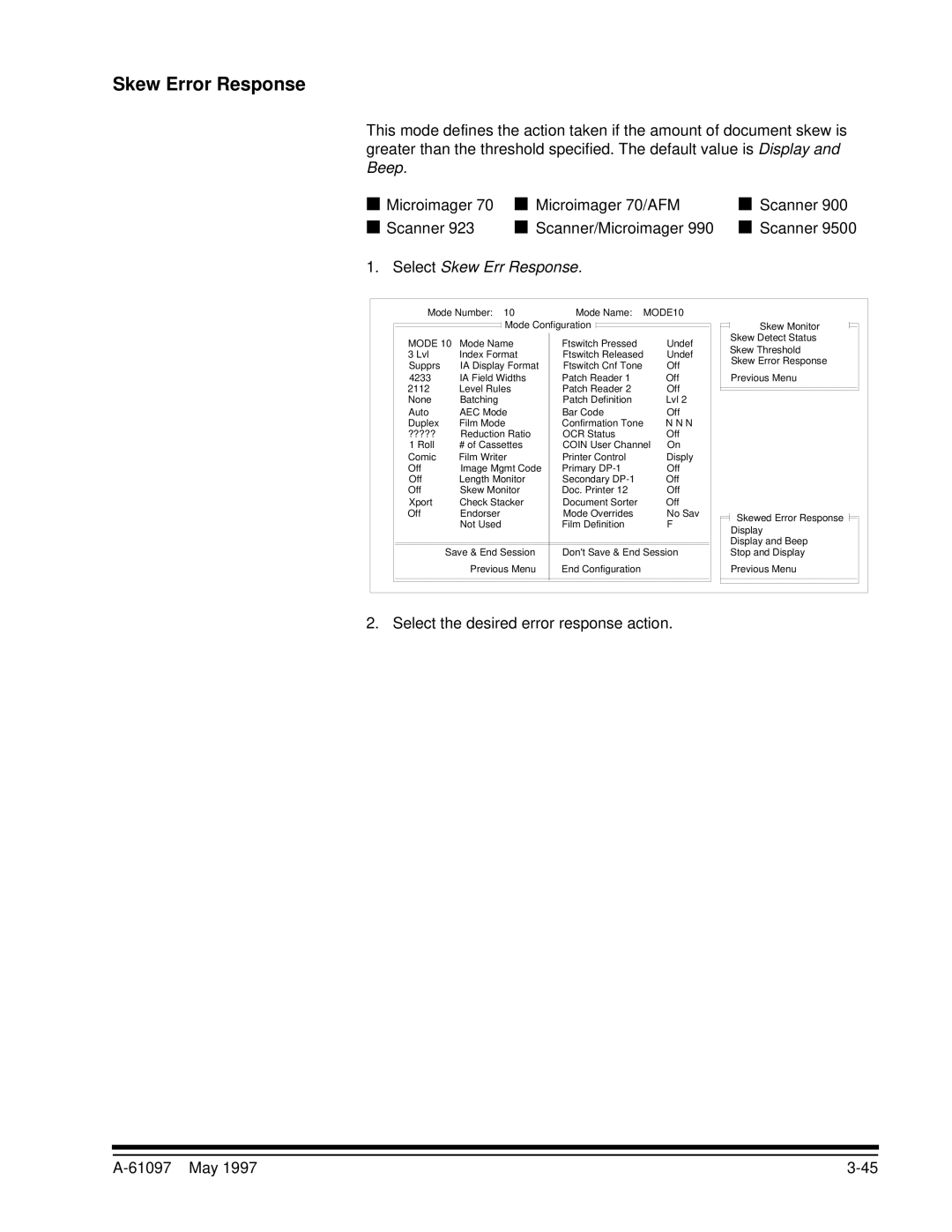 Kodak A-61097 manual Skew Error Response, Select Skew Err Response 