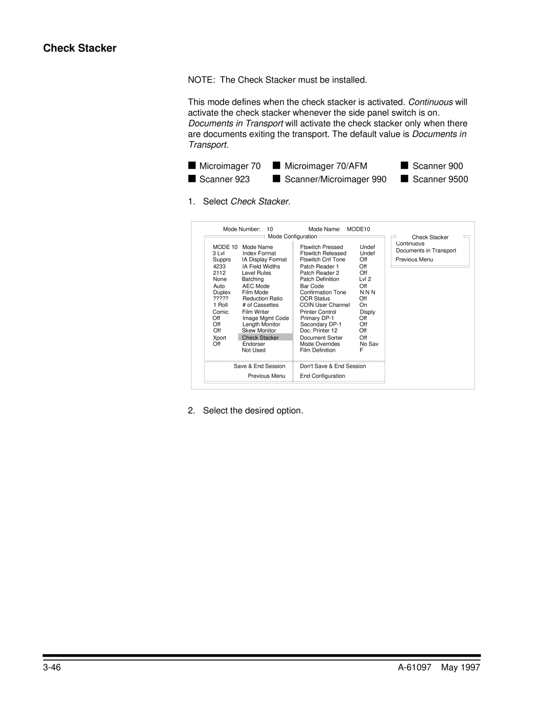 Kodak A-61097 manual Select Check Stacker, Select the desired option 61097 May 