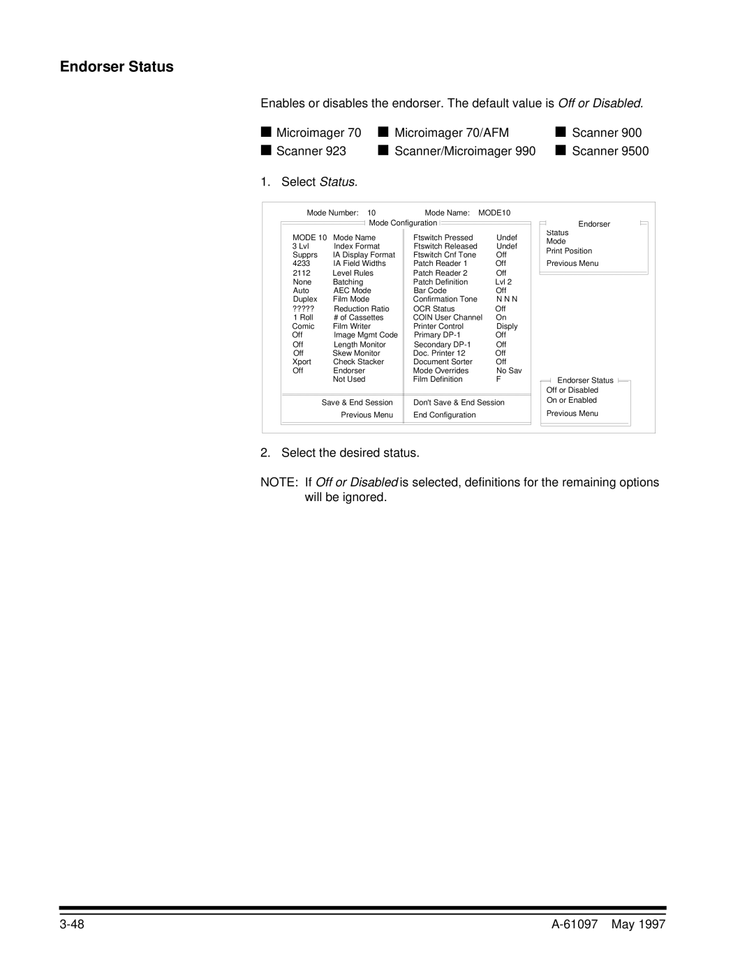 Kodak A-61097 manual Endorser Status, Select the desired status 61097 May 