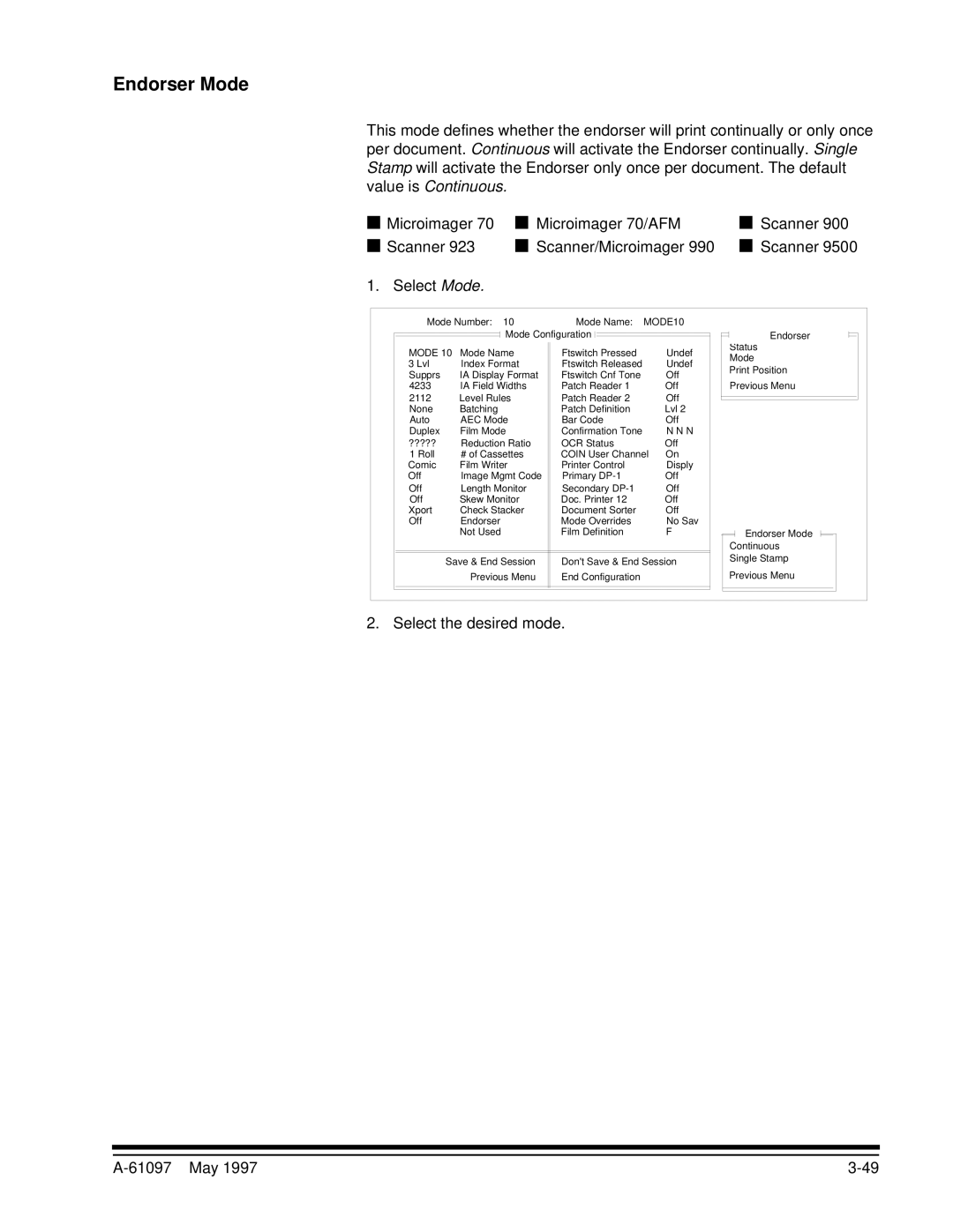 Kodak A-61097 manual Endorser Mode, Select the desired mode 61097 May 