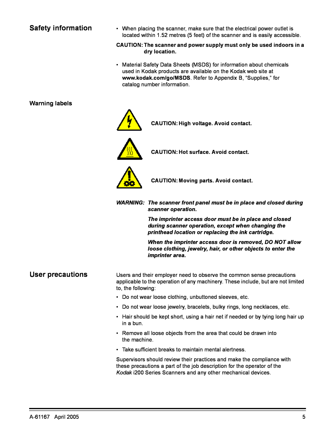 Kodak A-61167 manual Safety information, User precautions, Warning labels 