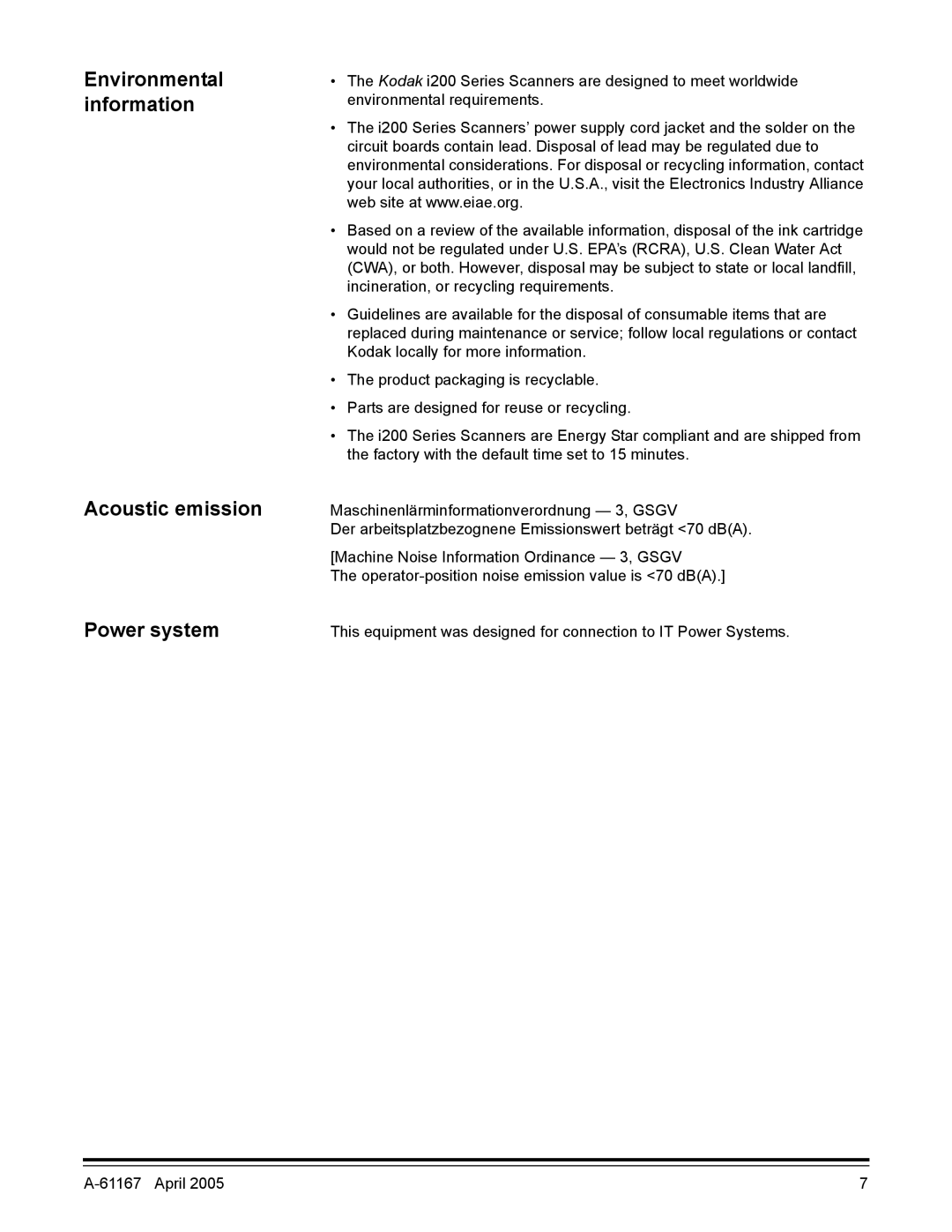 Kodak A-61167 manual Environmental information Acoustic emission Power system 