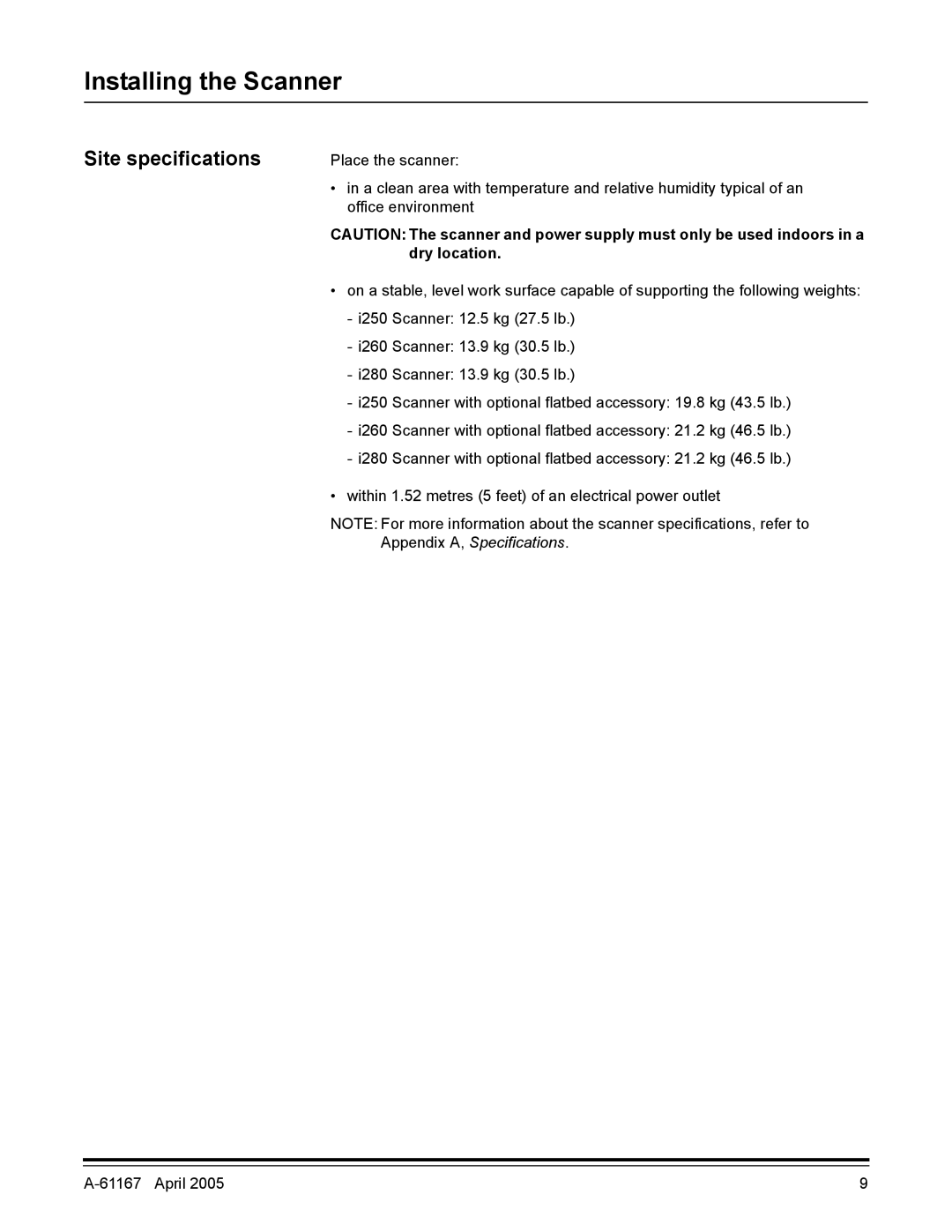 Kodak A-61167 manual Installing the Scanner, Site specifications 