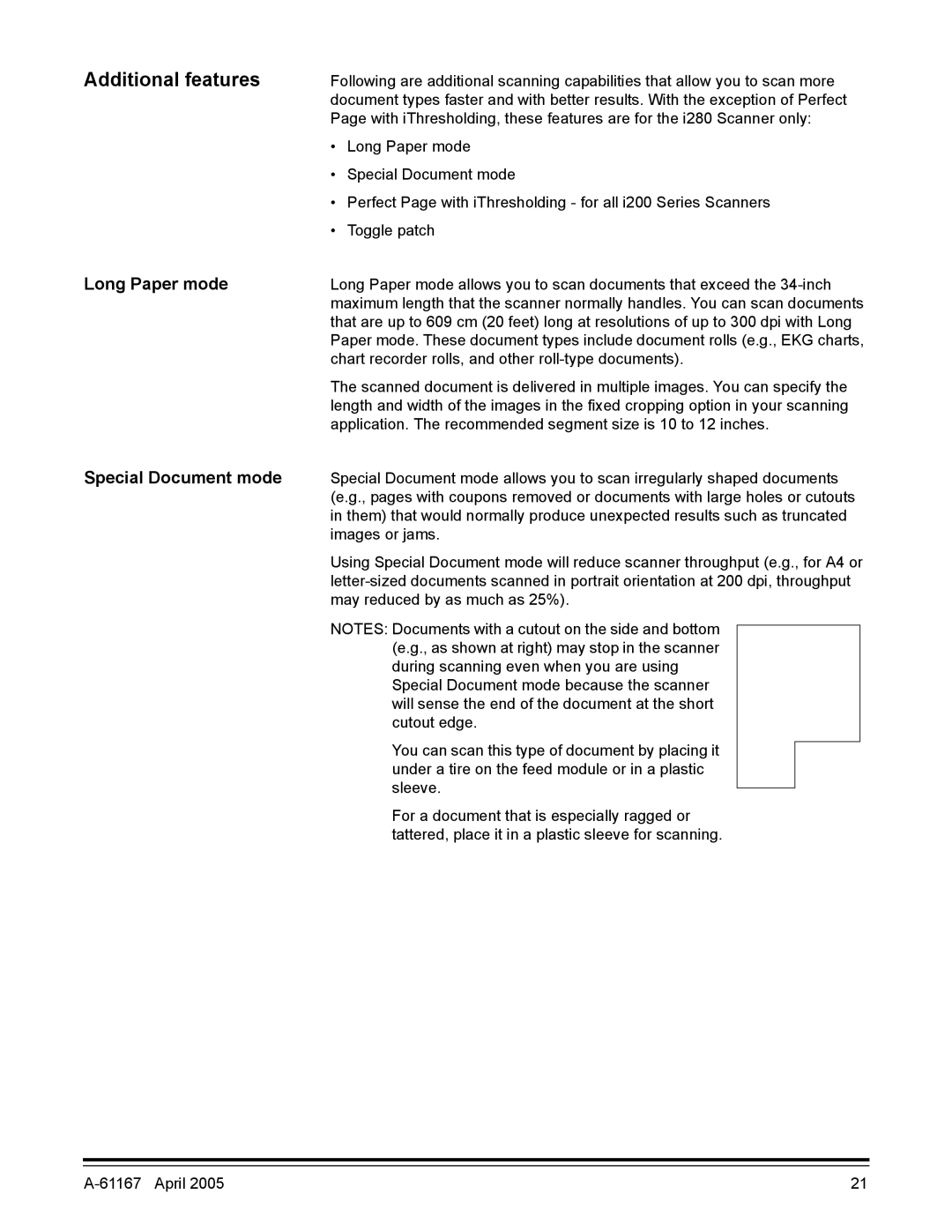 Kodak A-61167 manual Additional features, Long Paper mode, Special Document mode 