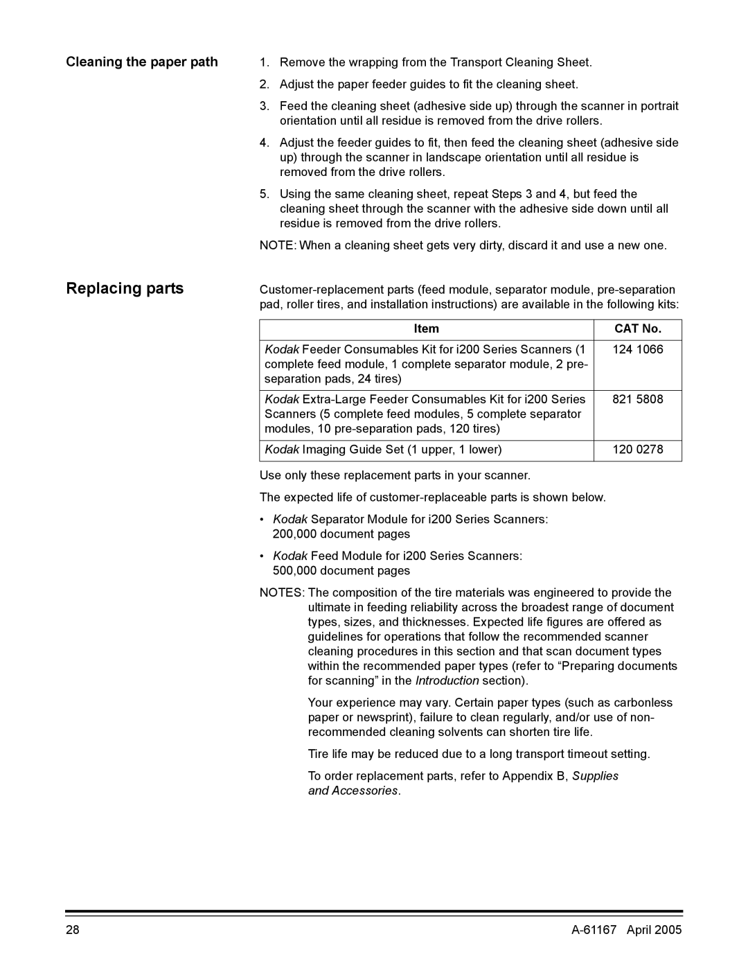 Kodak A-61167 manual Replacing parts, Cleaning the paper path, CAT No 