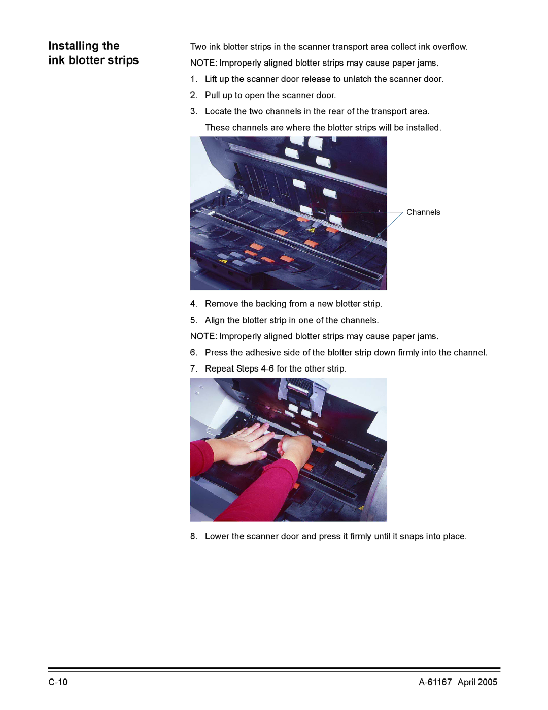 Kodak A-61167 manual Installing the ink blotter strips 