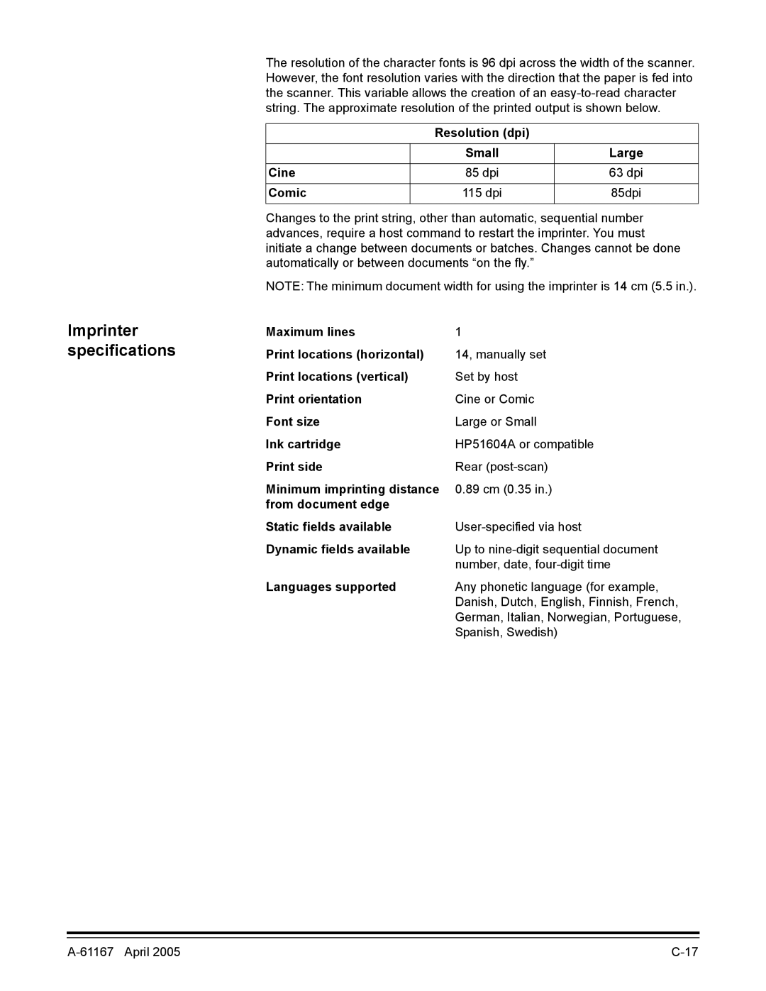 Kodak A-61167 manual Imprinter specifications 