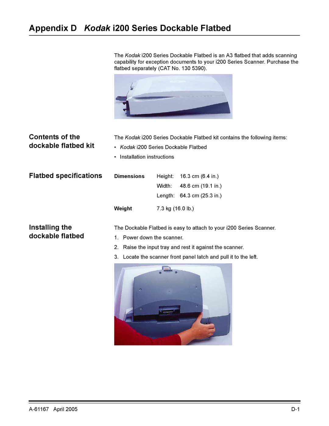 Kodak A-61167 Appendix D Kodak i200 Series Dockable Flatbed, Contents of the dockable flatbed kit Flatbed specifications 