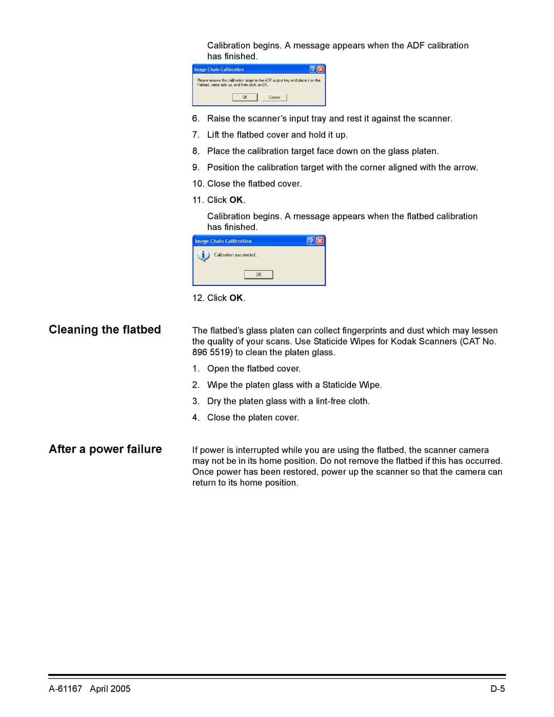 Kodak A-61167 manual Cleaning the flatbed After a power failure 