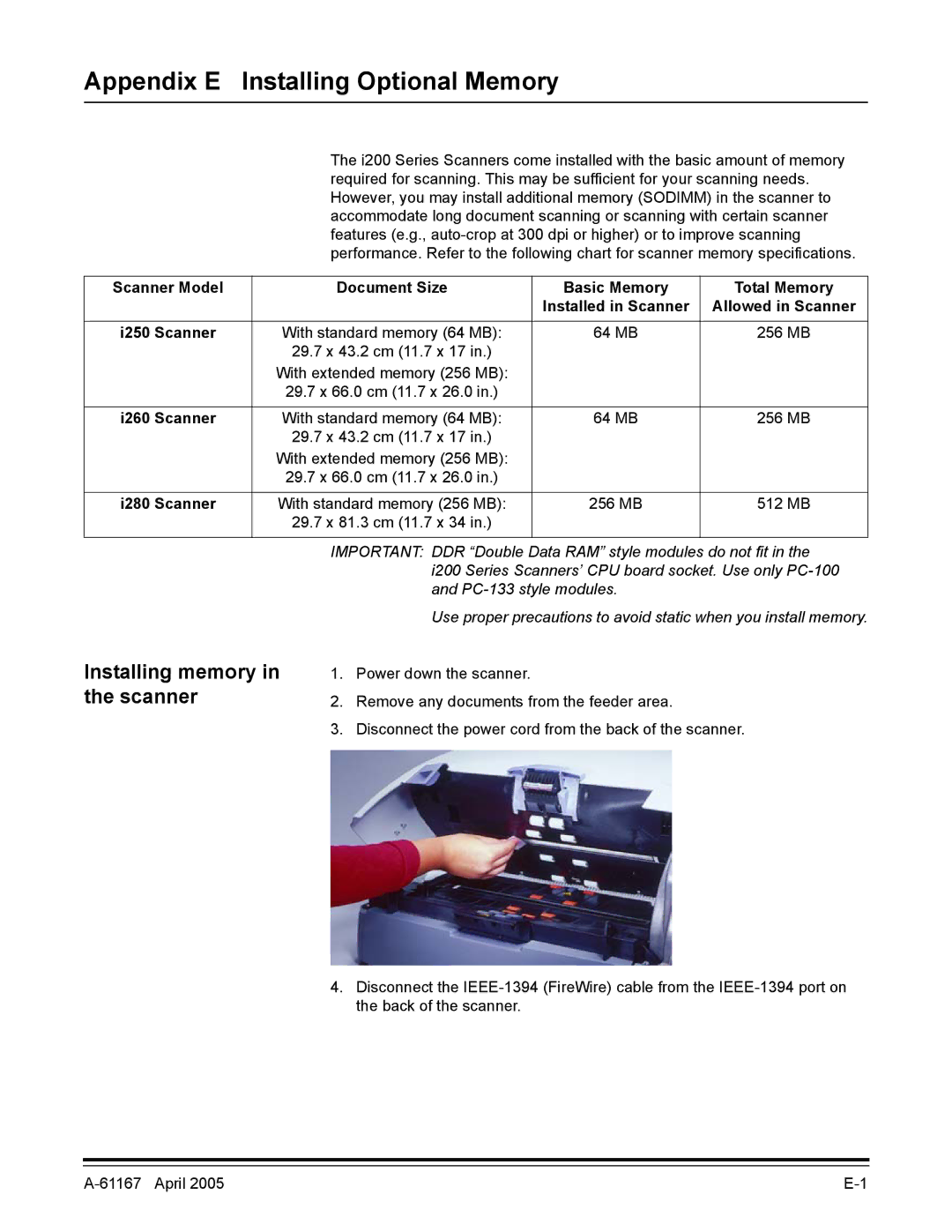 Kodak A-61167 manual Appendix E Installing Optional Memory, Installing memory in the scanner 