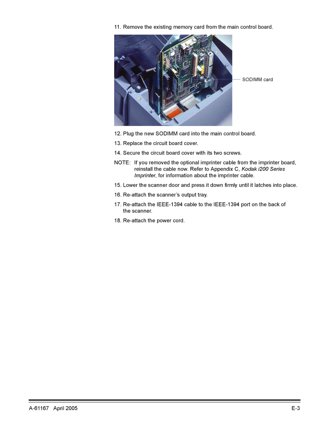 Kodak A-61167 manual Remove the existing memory card from the main control board 