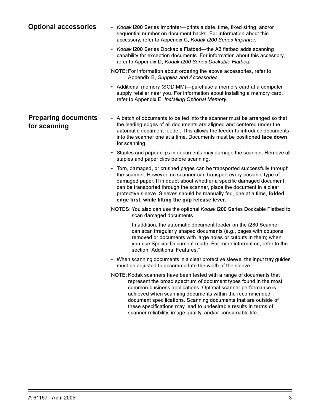 Kodak A-61167 manual Optional accessories Preparing documents for scanning 