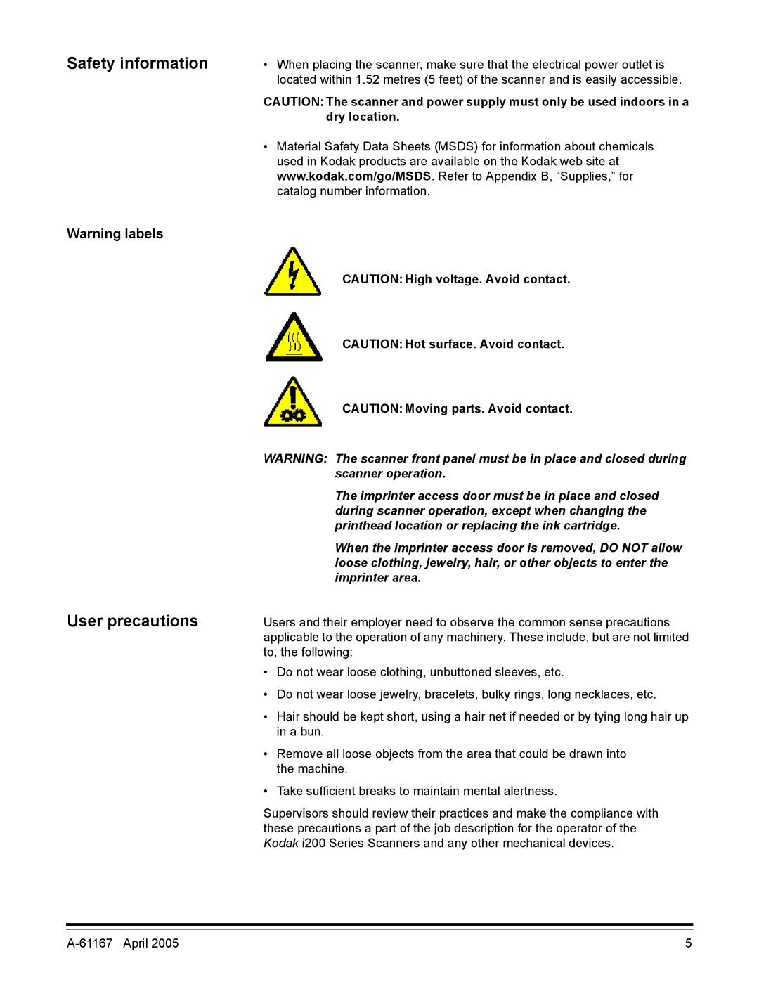 Kodak A-61167 manual Safety information, User precautions 