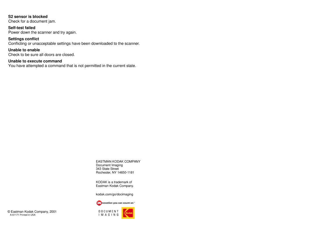 Kodak A-61171_XX S2 sensor is blocked, Self-test failed, Settings conflict, Unable to enable, Unable to execute command 