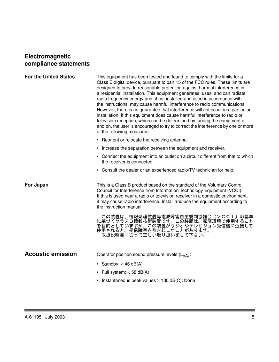 Kodak A-61195 manual Electromagnetic compliance statements, Acoustic emission, For the United States, For Japan 