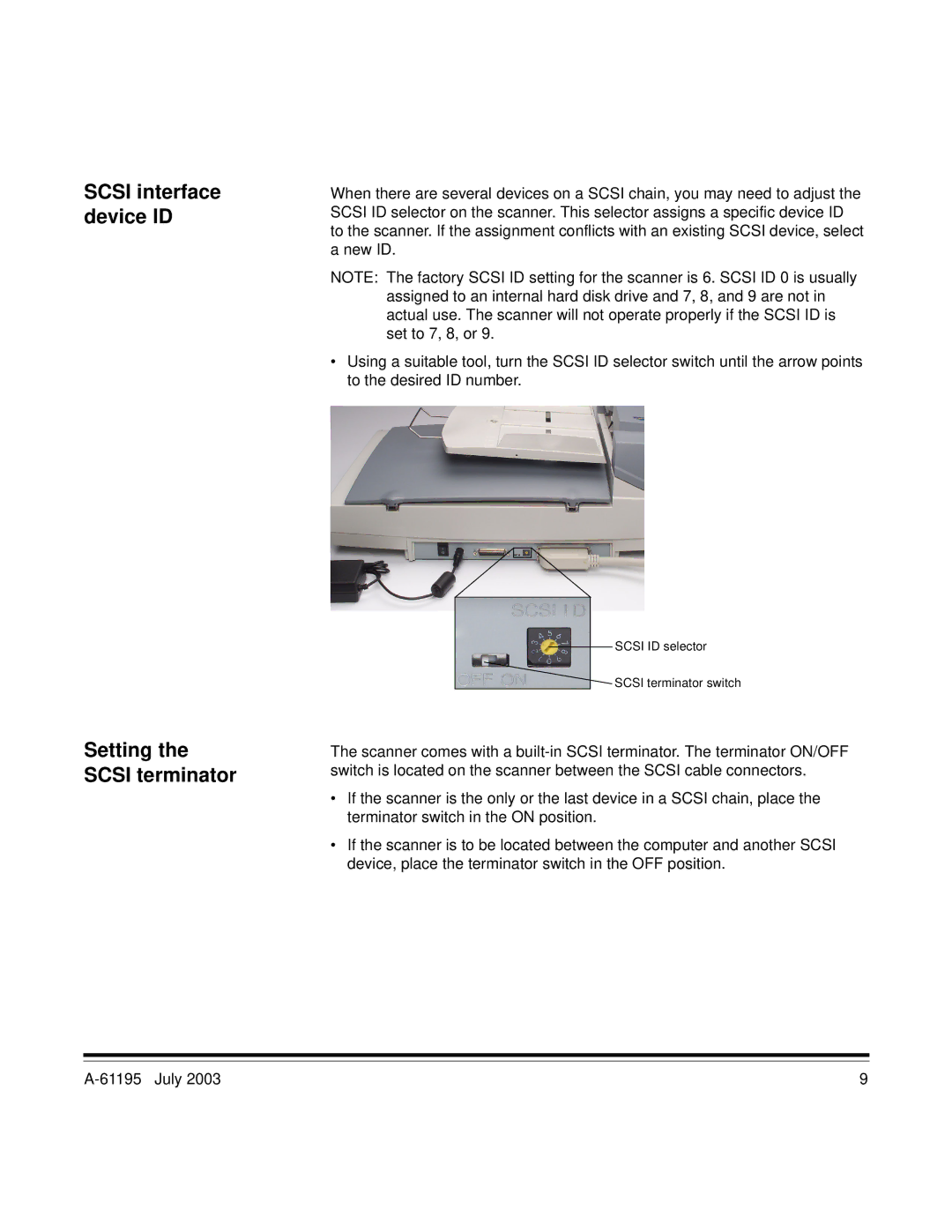 Kodak A-61195 manual Scsi interface device ID, Setting the Scsi terminator 