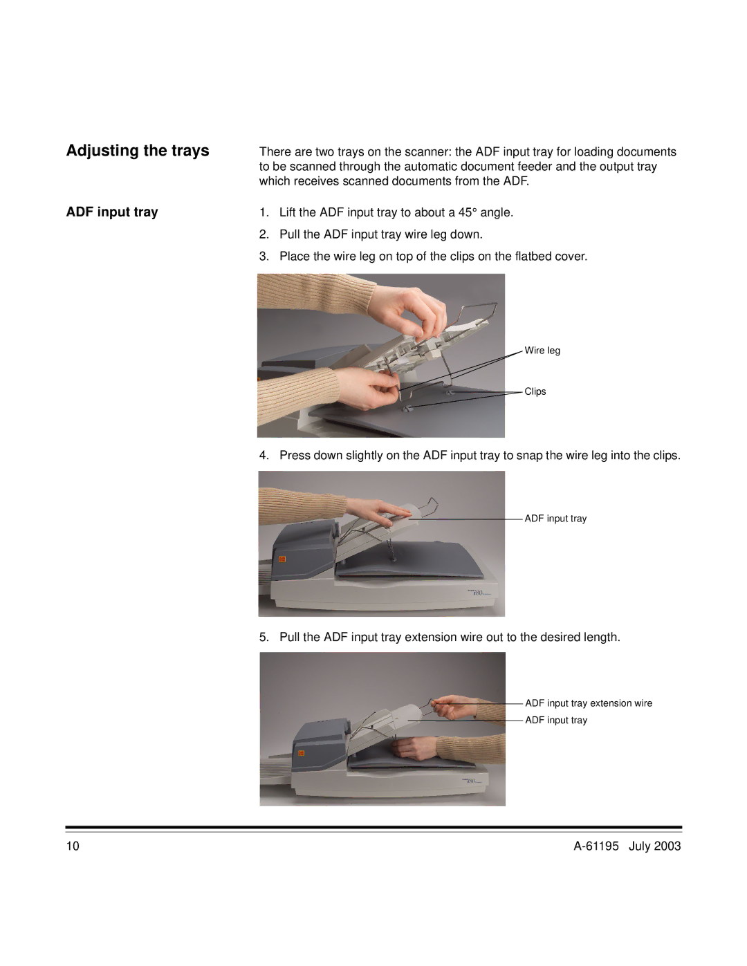 Kodak A-61195 manual Adjusting the trays, ADF input tray 