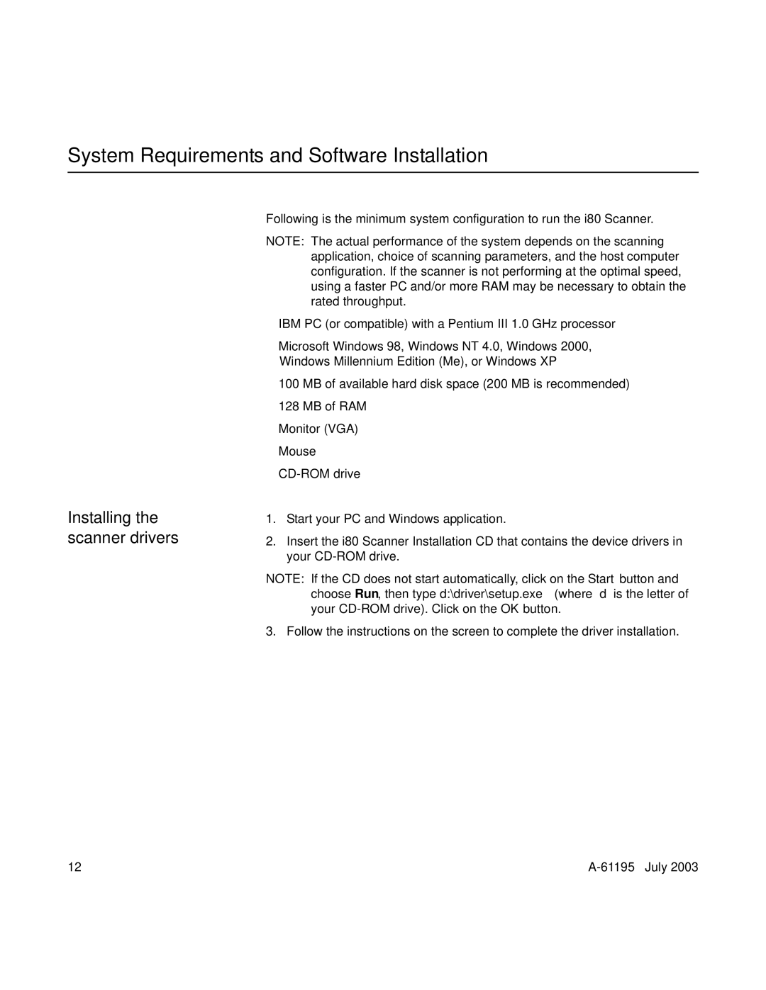 Kodak A-61195 manual System Requirements and Software Installation, Installing the scanner drivers 