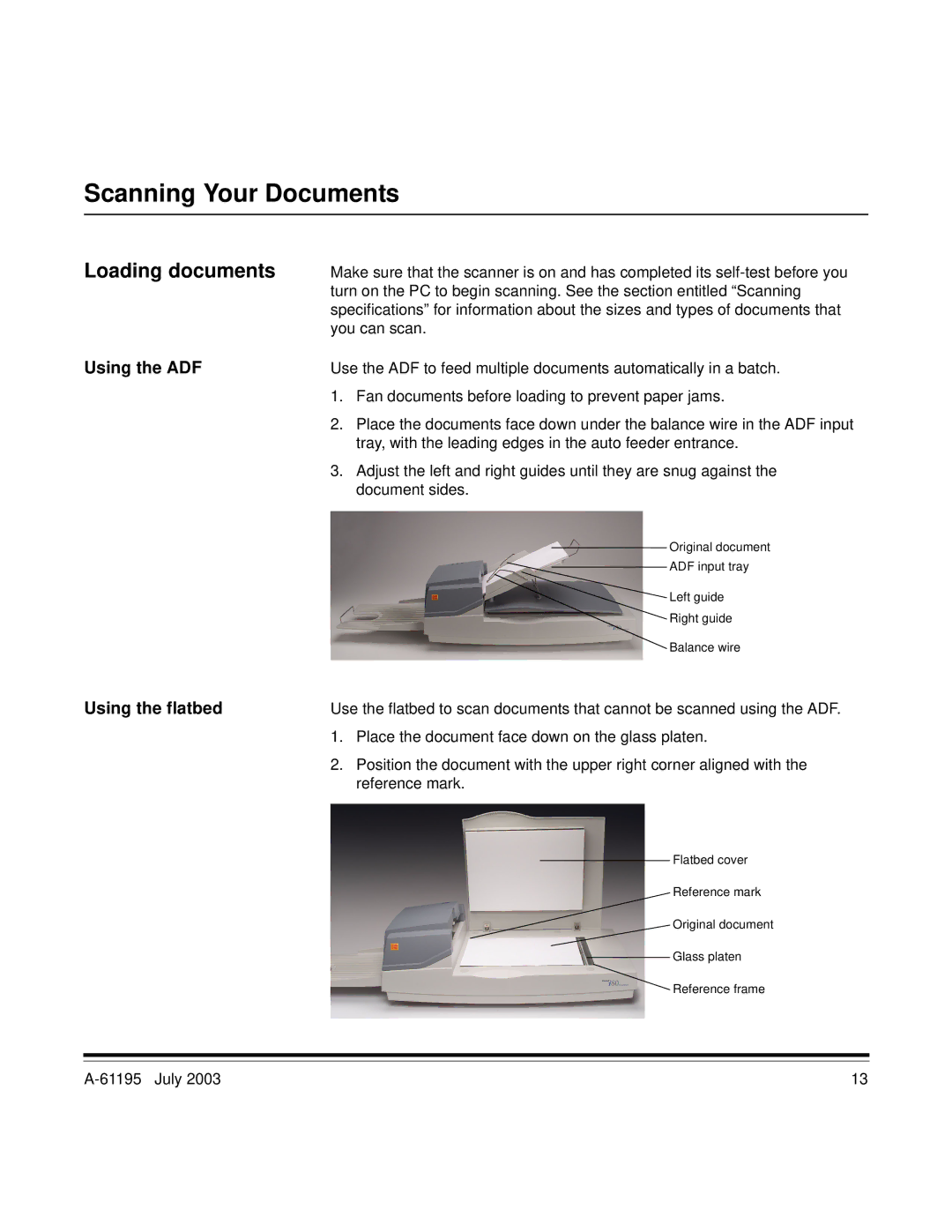 Kodak A-61195 manual Scanning Your Documents, Loading documents, Using the ADF, Using the flatbed 