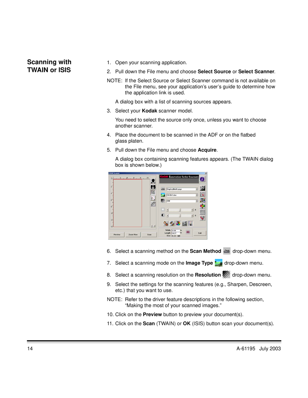 Kodak A-61195 manual Scanning with Twain or Isis 