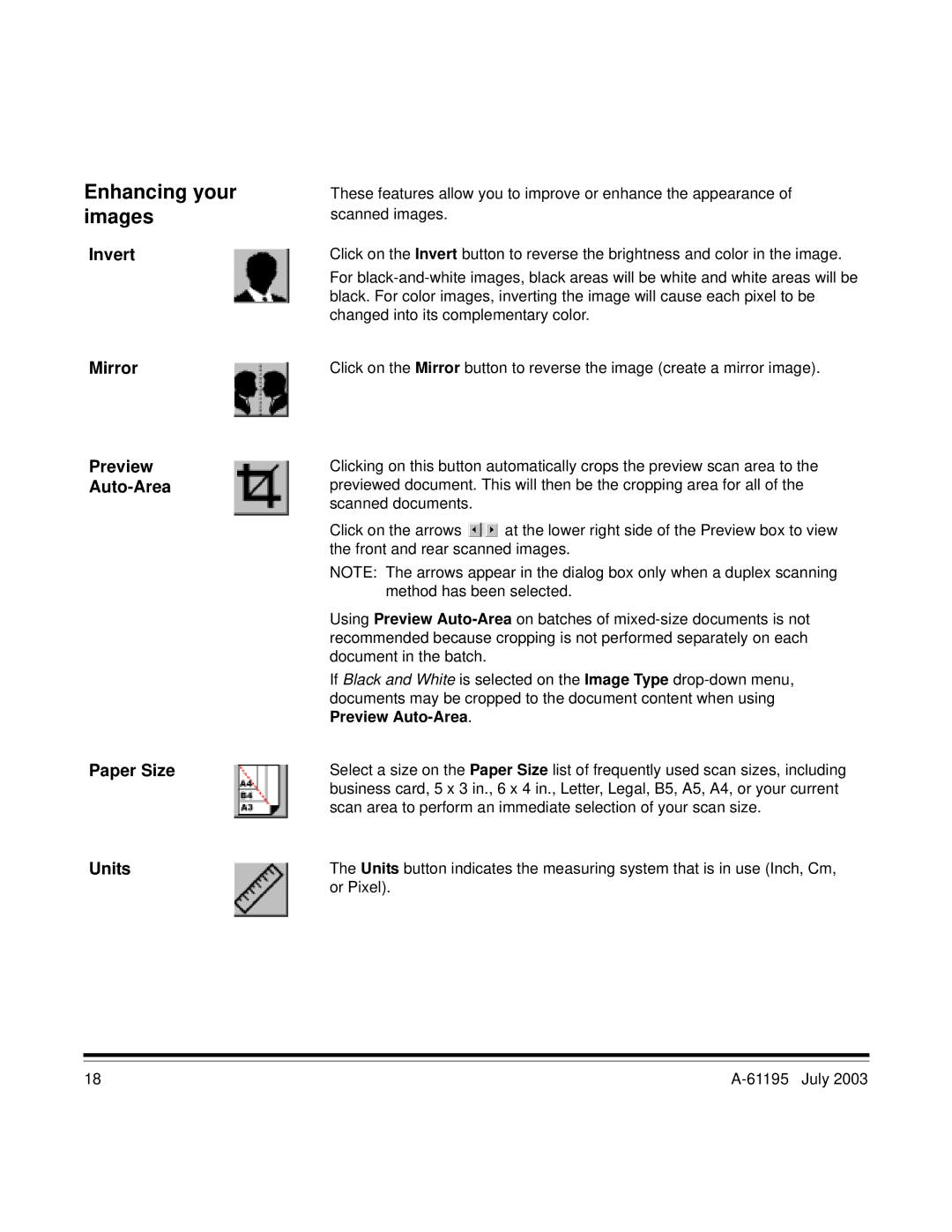 Kodak A-61195 manual Enhancing your images, Invert Mirror Preview Auto-Area Paper Size Units 