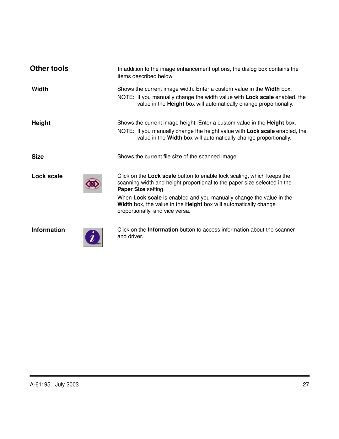 Kodak A-61195 manual Other tools, Width Height Size Lock scale Information 