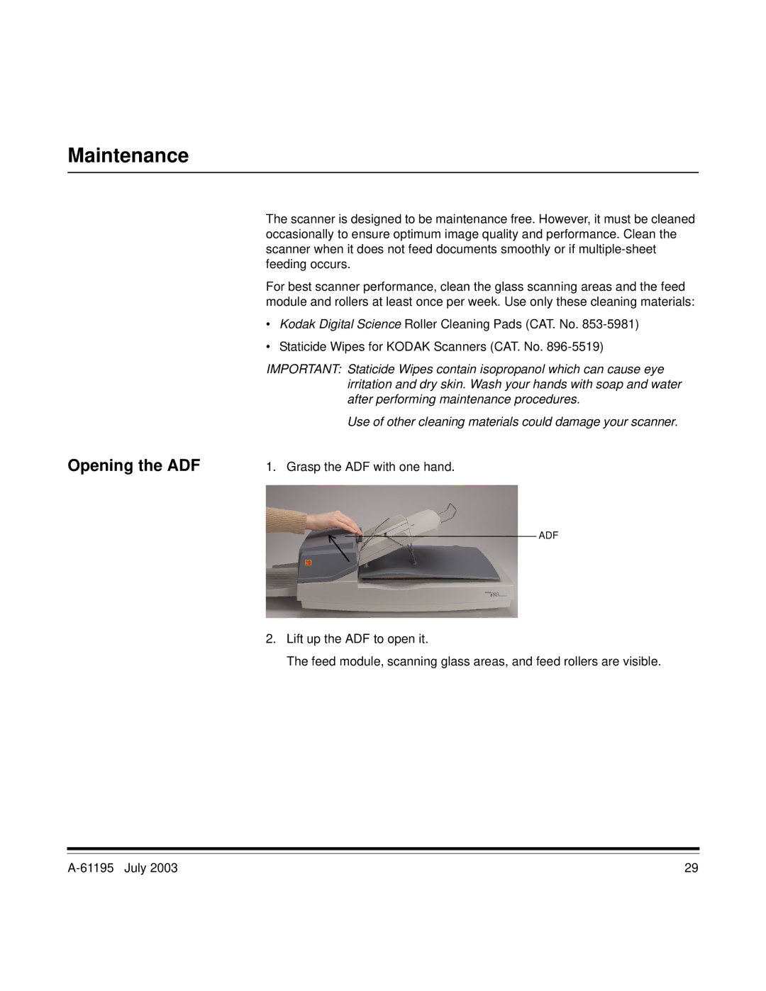 Kodak A-61195 manual Maintenance, Opening the ADF 