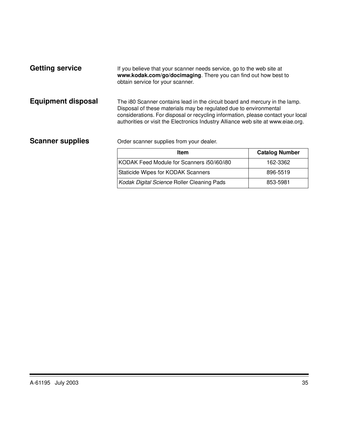 Kodak A-61195 manual Getting service Equipment disposal Scanner supplies, Catalog Number 