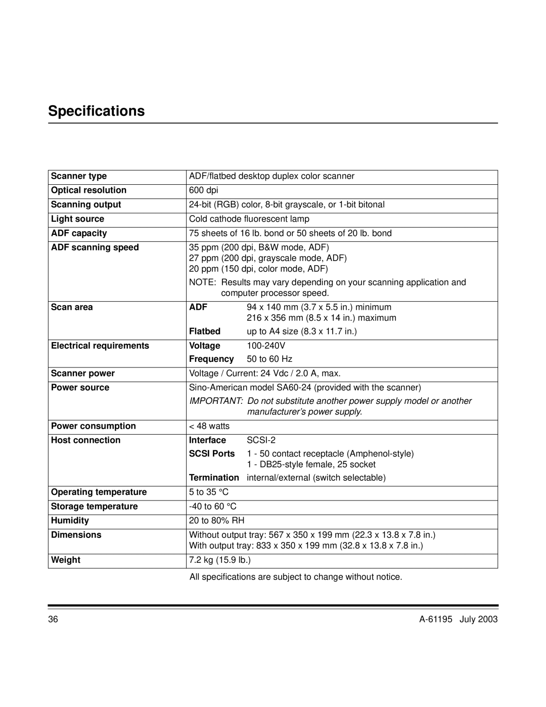 Kodak A-61195 manual Specifications 