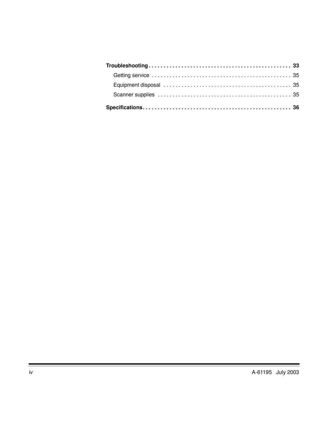 Kodak A-61195 manual Troubleshooting, Specifications 