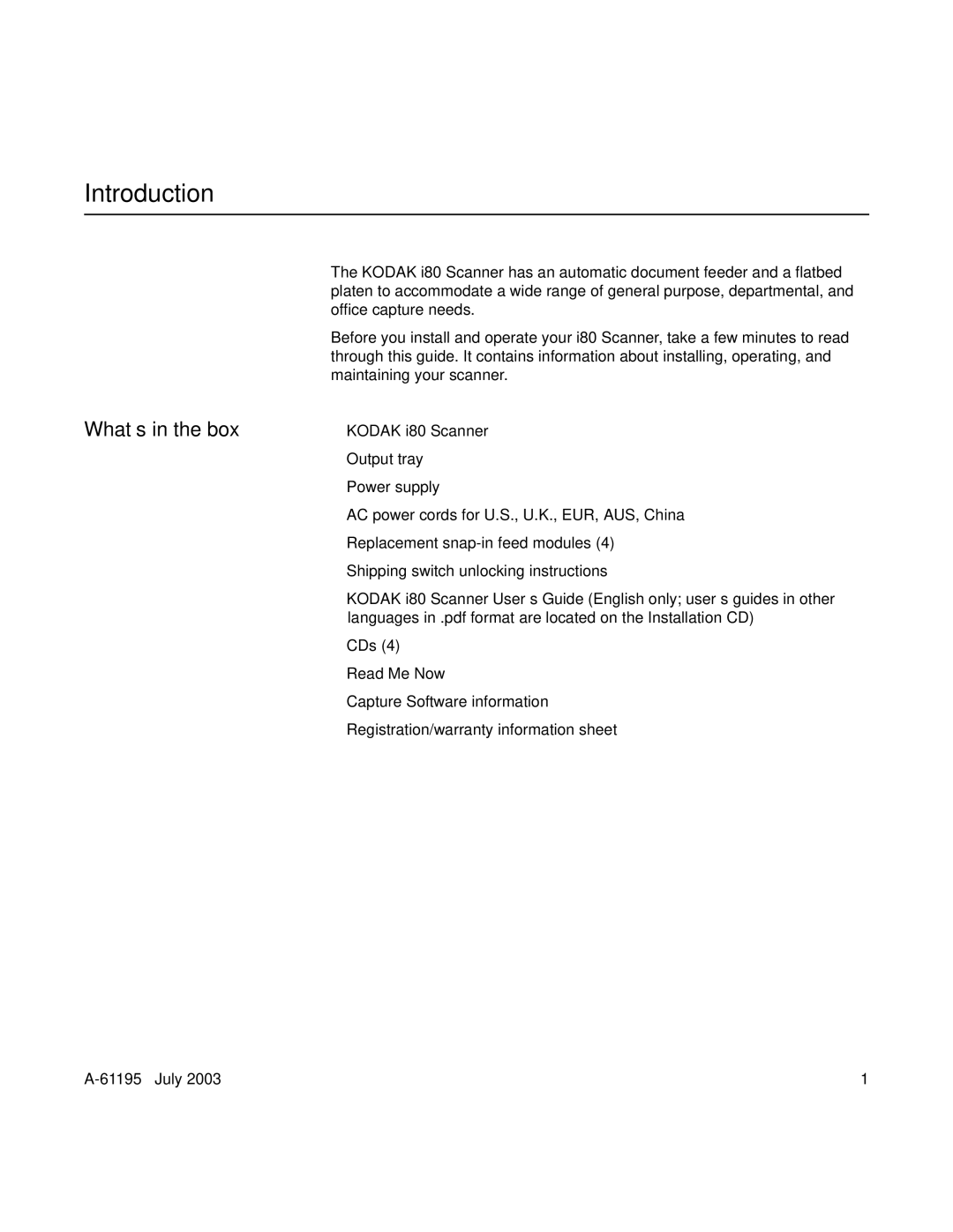 Kodak A-61195 manual Introduction, What’s in the box 