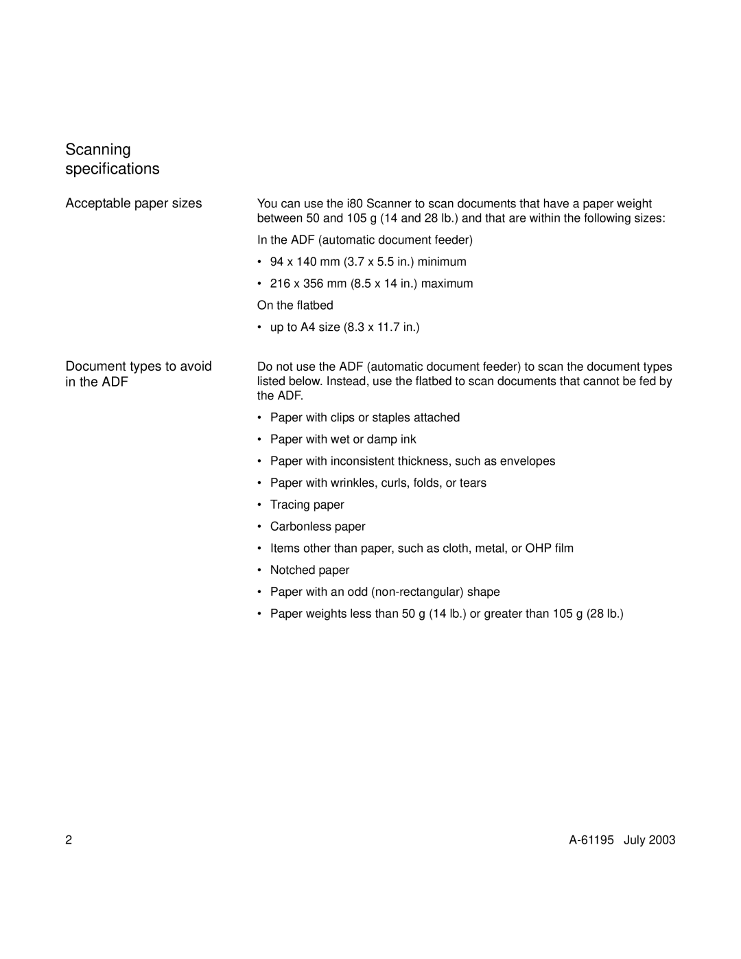 Kodak A-61195 manual Scanning specifications, Acceptable paper sizes Document types to avoid in the ADF, On the flatbed 