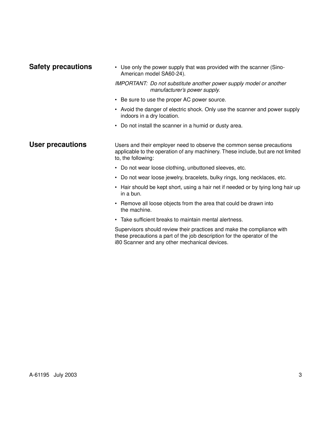 Kodak A-61195 manual Safety precautions User precautions 