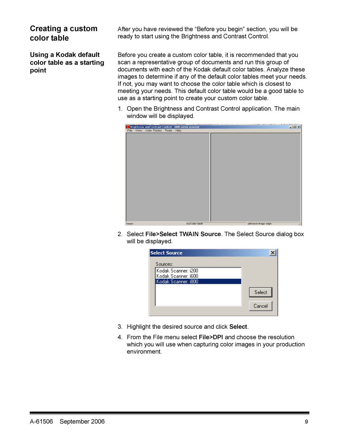 Kodak A-61506 manual Creating a custom color table, Using a Kodak default color table as a starting point 