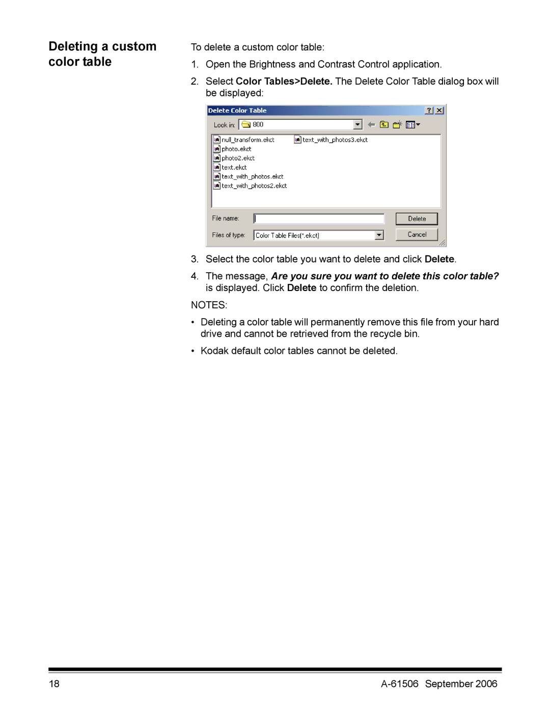 Kodak A-61506 manual Deleting a custom color table 