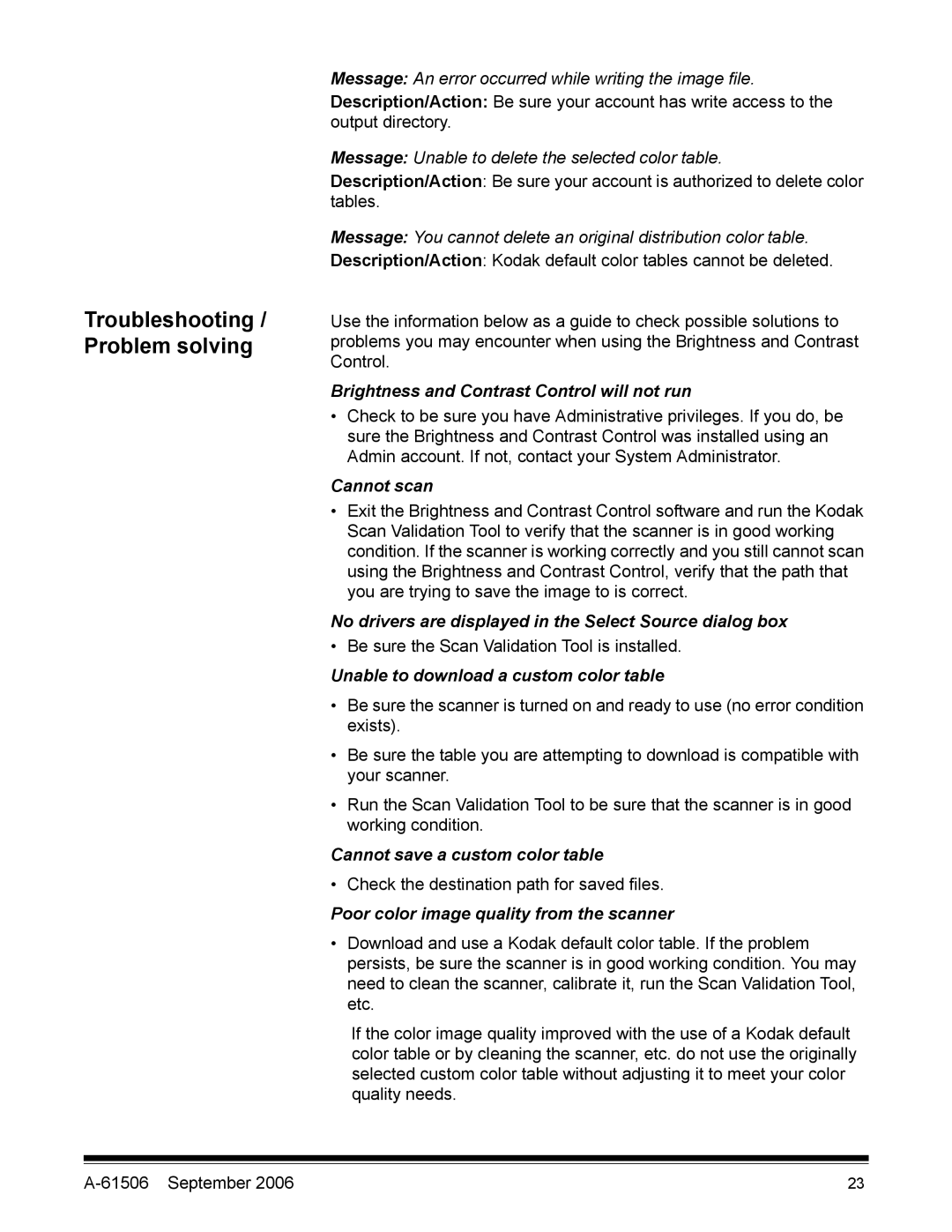 Kodak A-61506 manual Troubleshooting / Problem solving 