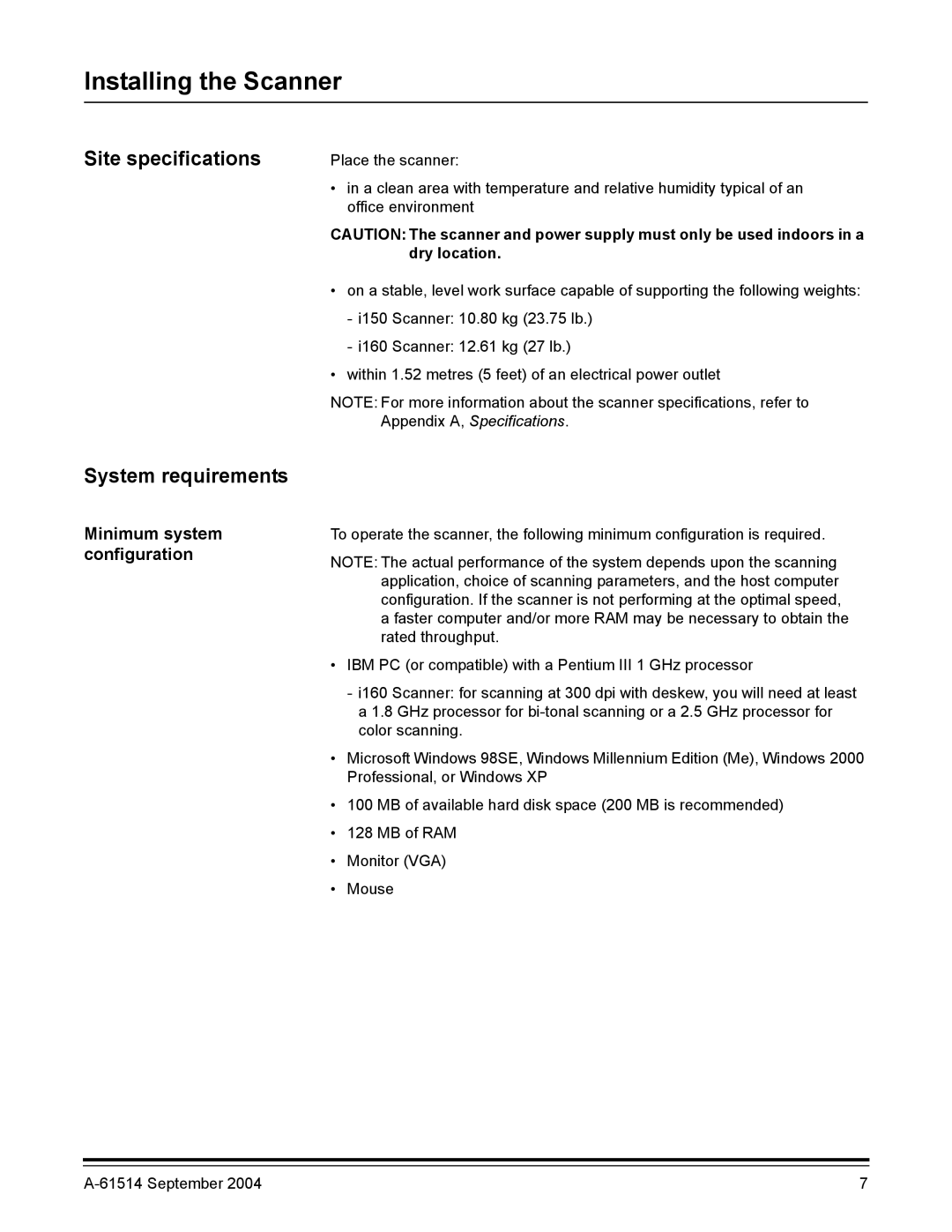 Kodak A-61514 manual Installing the Scanner, Site specifications, System requirements, Minimum system configuration 